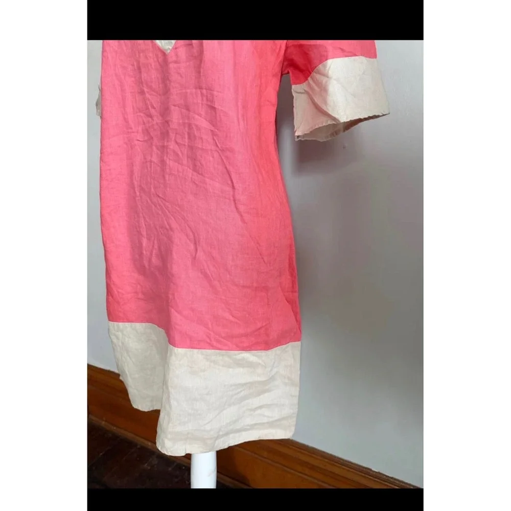 Pink Beige 100% Linen Colorblock Shift Dress‎ XS Lagenlook Beachy coastal